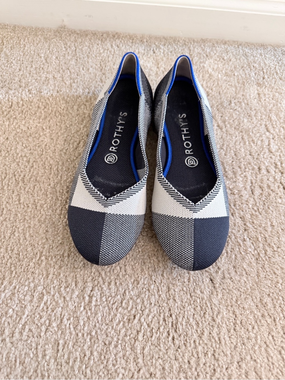 Rothy's Black & White Patchwork Knit Ballet Flats with Blue Trim